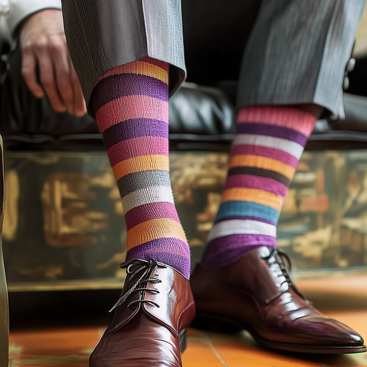 Striped colourful socks on a gent