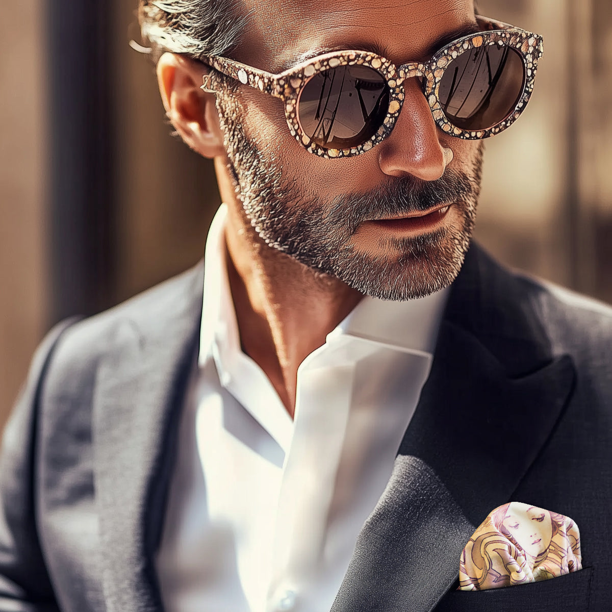 FatCloth x Mucha Flirt pocket square paired with stylish sunglasses