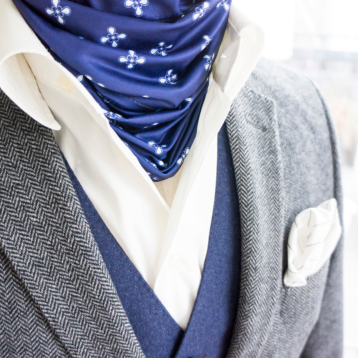 Lucas Turtle Scarf paired with Bernie White pocket square