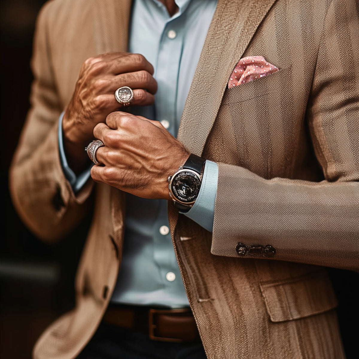 FatCloth's Japanese seigaiha inspired pocket square Musashi Red in a pocket of a tan sports coat