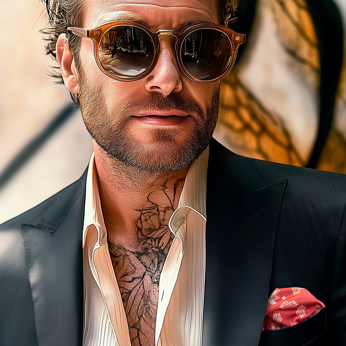 A tattooed gent wearing the bandana patterned FatCloth Salvatore red pocket square