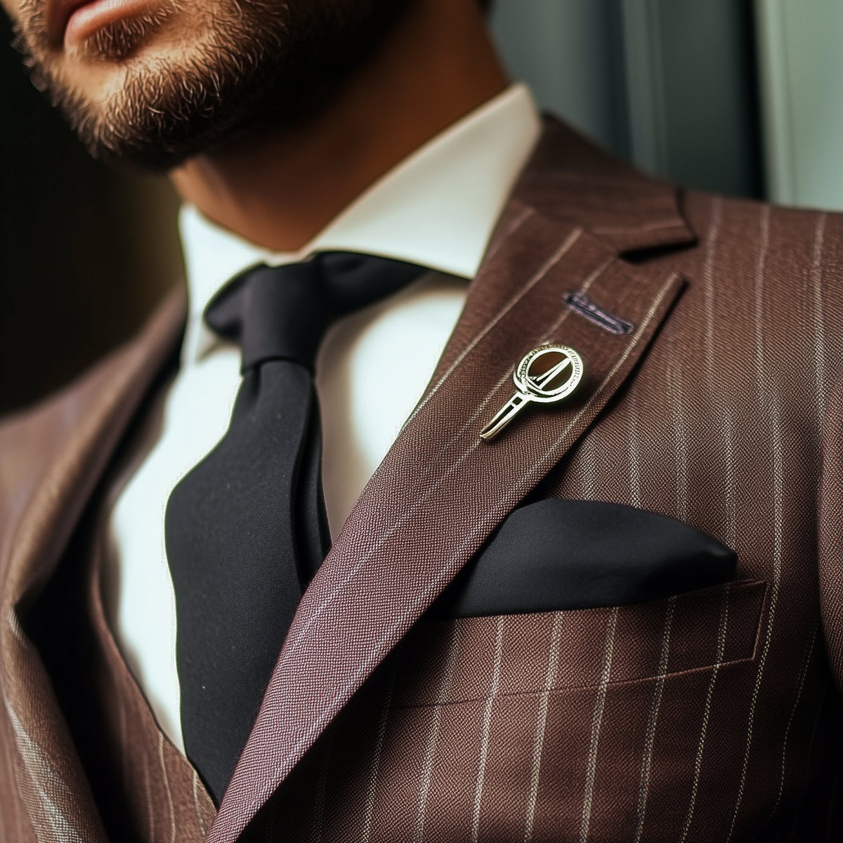 Lapel pin on a brown pin-stripe suit with black tie & pocket square