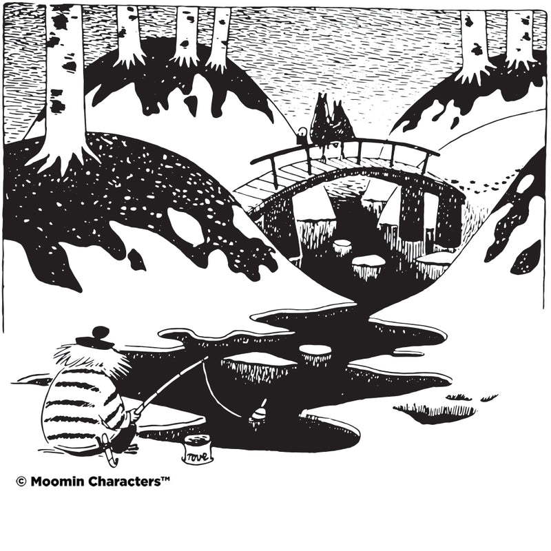 Moomin Bridge multipurpose pocket square's original black & white artwork by Tove Jansson