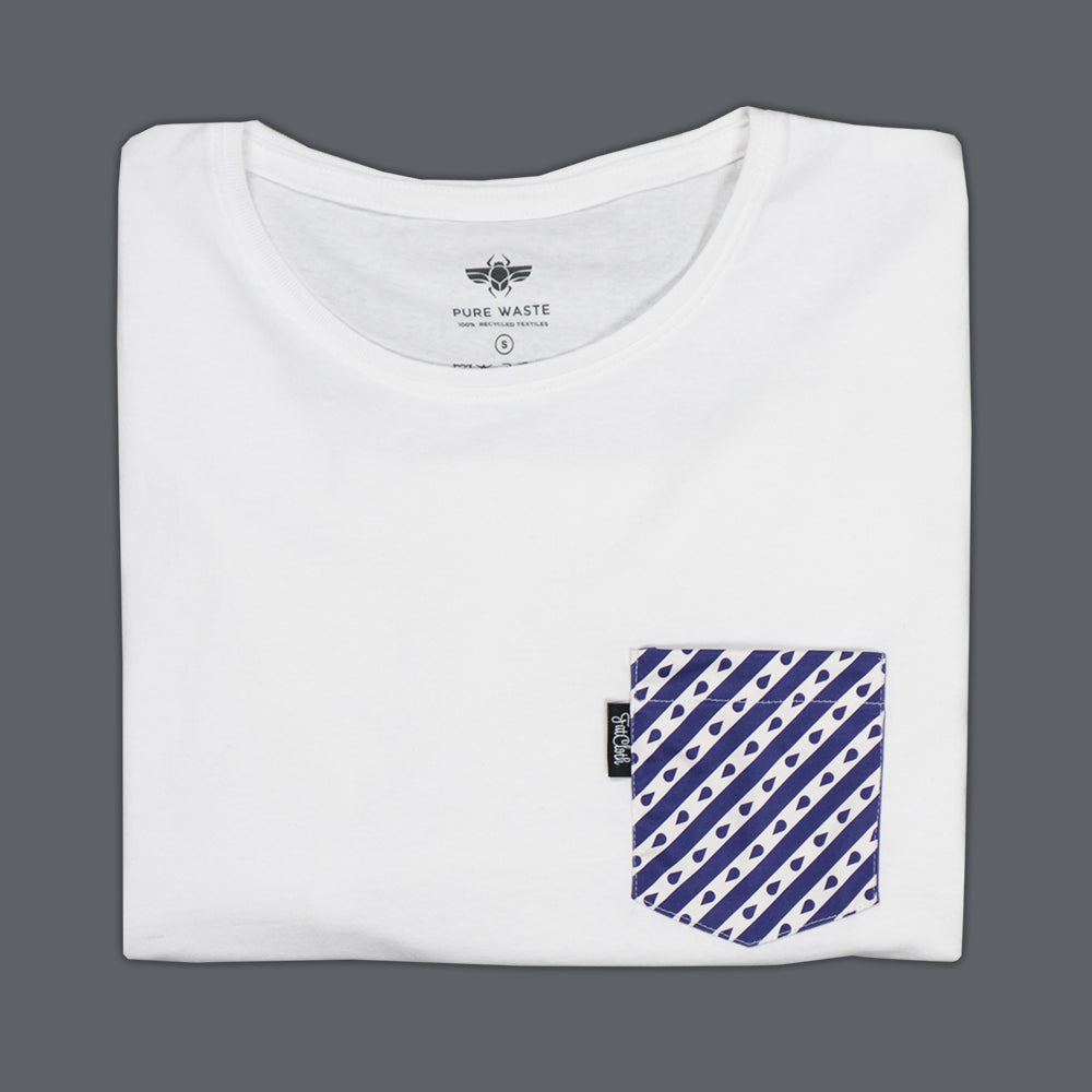 Pocket T-shirt white, dark blue striped pocket, recycled, sustainable